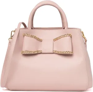 Betsey Johnson Faux Textured Faux Leather W/Gold Toned Chain Bow Fashion Detail Satchel Shoulder Bag Handbag