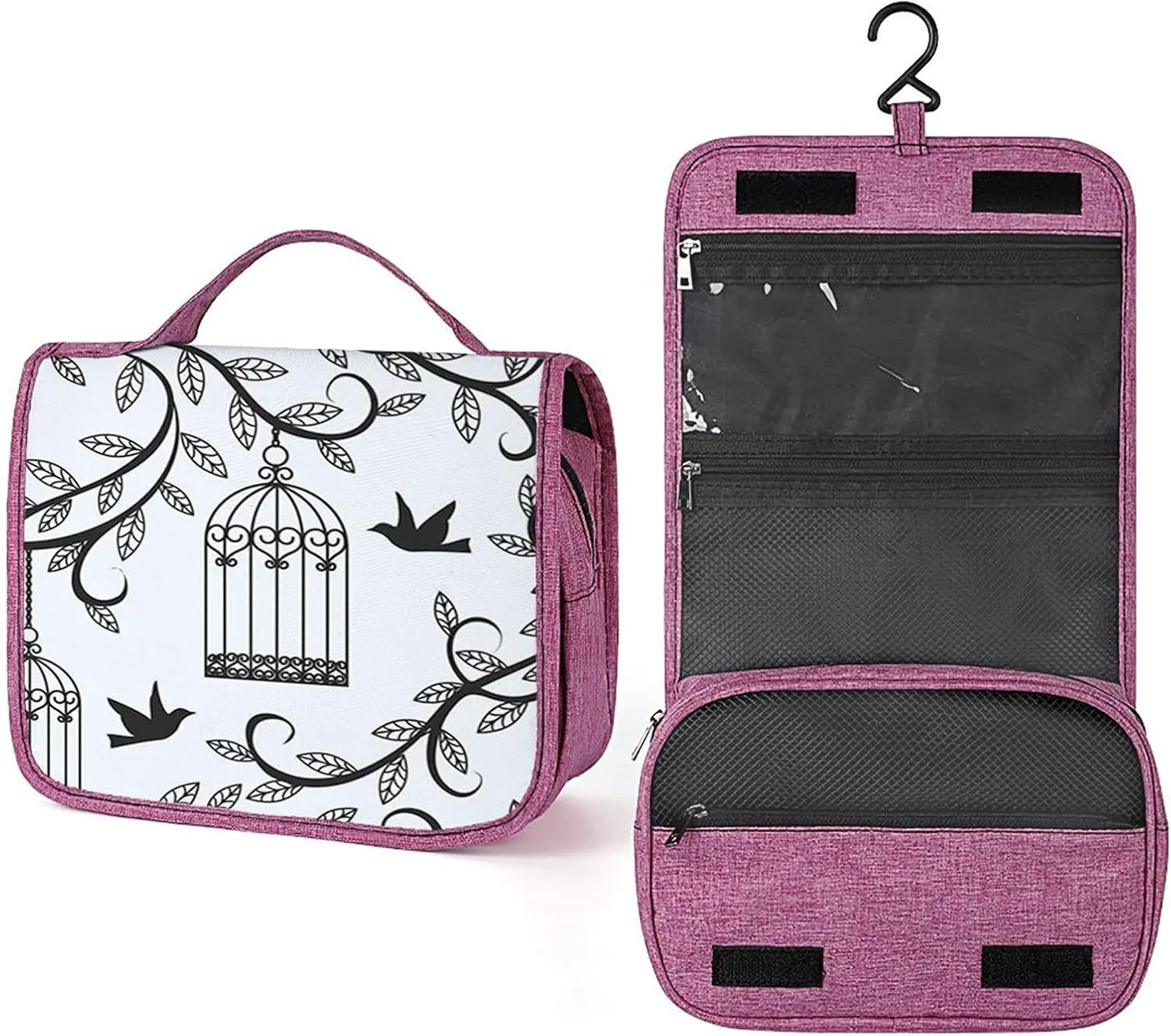 Birds Print,Toiletry Bag for Women,Cages Branch of Tree and Animals,Water-resistant Hanging Bathroom Travel Makeup Organizer,Cosmetic Case Traveling for Full Accessories,Blue Black