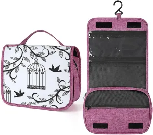Birds Print,Toiletry Bag for Women,Cages Branch of Tree and Animals,Water-resistant Hanging Bathroom Travel Makeup Organizer,Cosmetic Case Traveling for Full Accessories,Blue Black