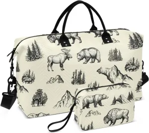 Bison Mountain Trees Beige Sports Gym Bag for Women Men Travel Duffel Bag Weekend Overnight Carry on Bag with Toiletry Bag Hospital Bag for Swimming Yoga Hospital Plane