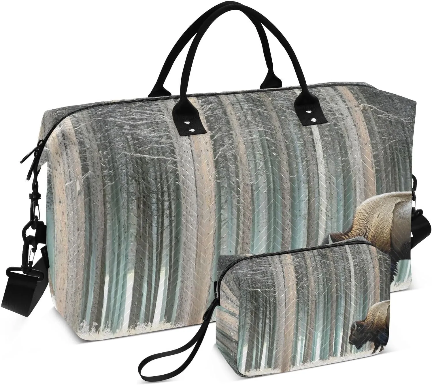 Bison Snow Forest Travel Duffel Bag, Gym Bags with Multiple Interior Pockets for Men Women Toiletry Purse Included 20.5”x 1.9” x 13.8”