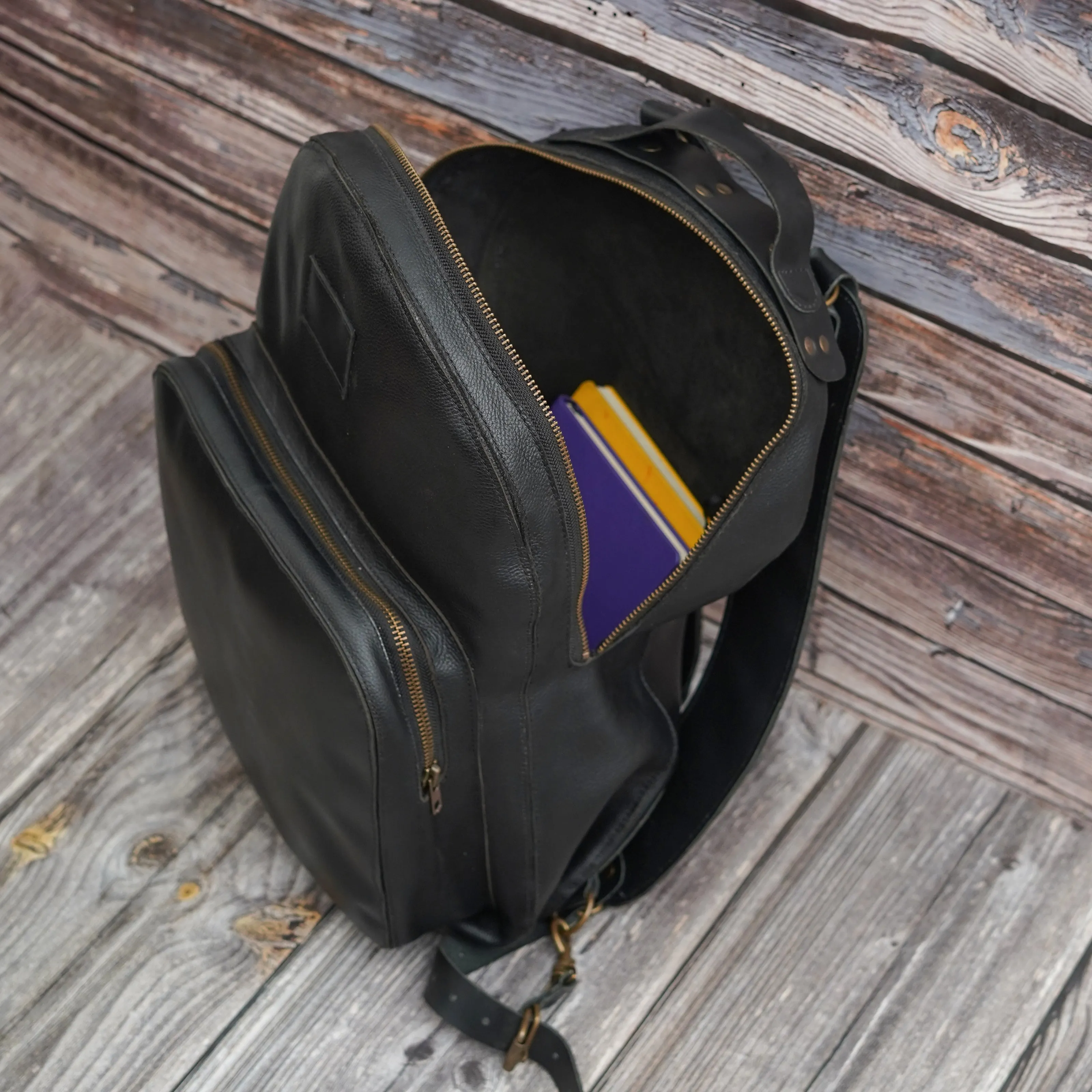 Black Leather Laptop Backpack With Zipped Closure