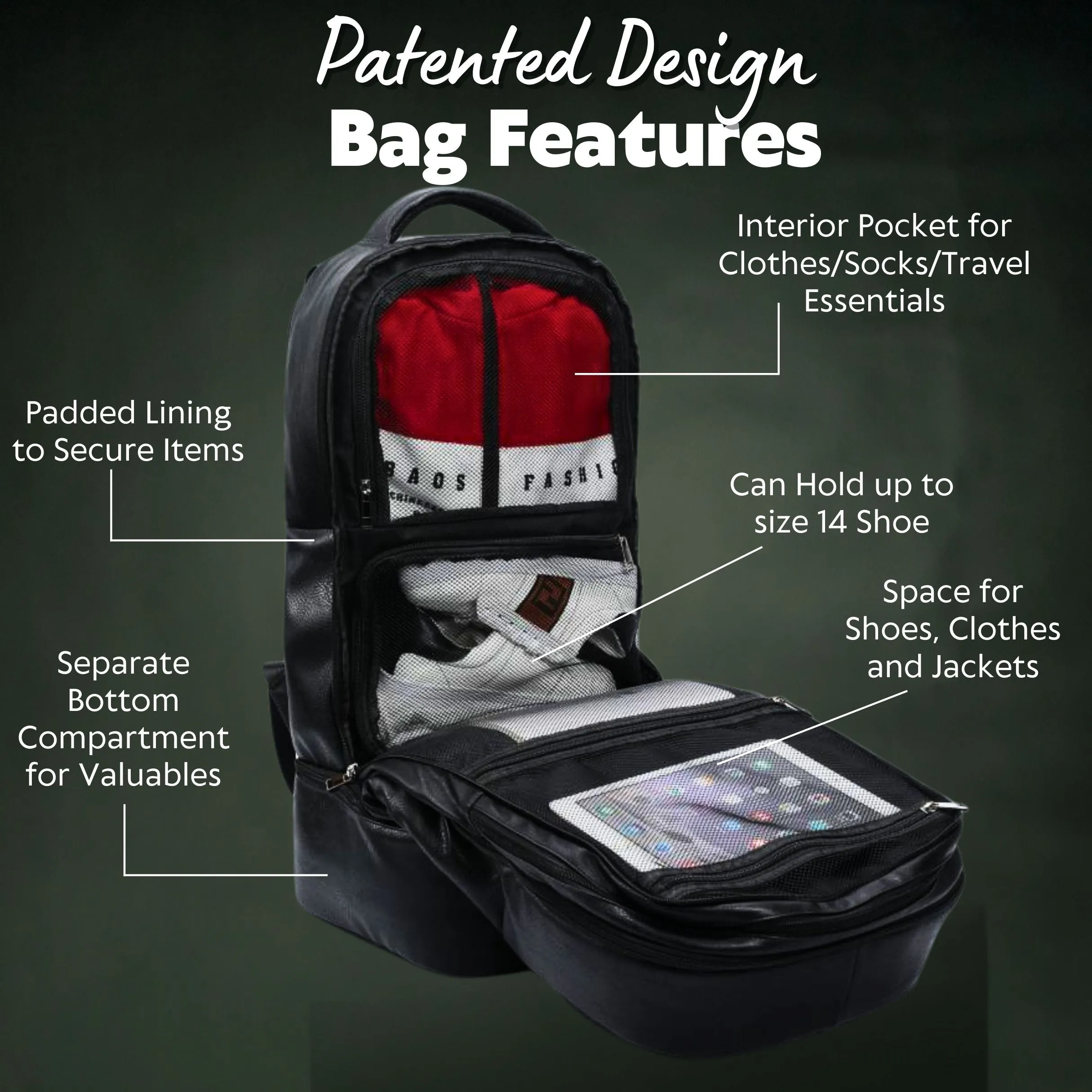 Black Leather Luxury Carry On Backpack (Patented Signature Design)