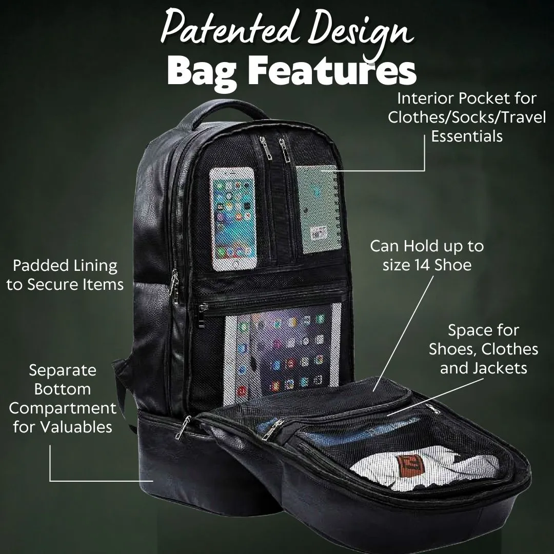 Black Leather Luxury Carry On Backpack (Patented Signature Design)