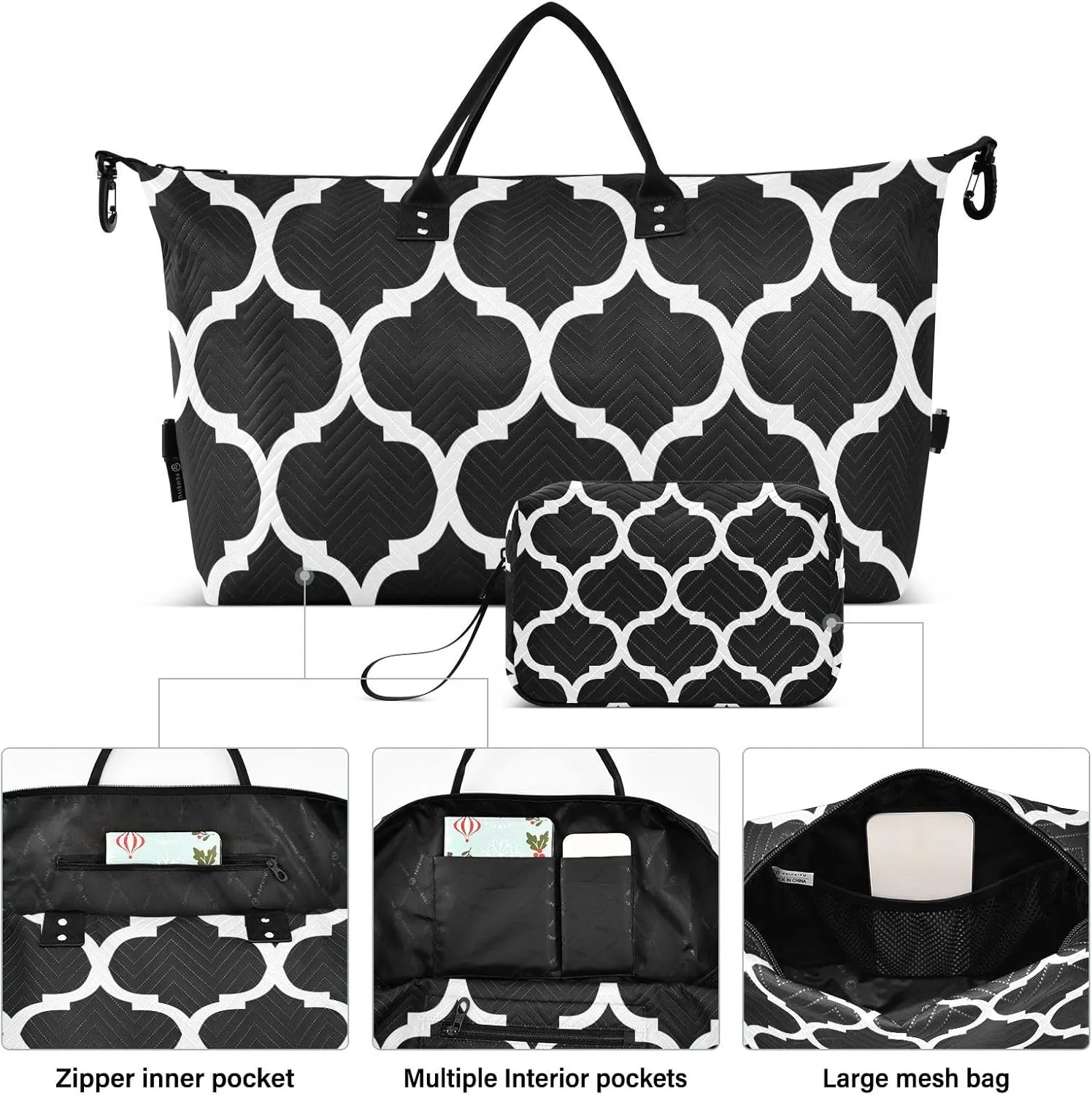 Black Moroccan Sports Gym Bag for Women Men Travel Duffel Bag Weekend Overnight Carry on Bag with Toiletry Bag Hospital Bag for Swimming Yoga Workout Hospital Plane