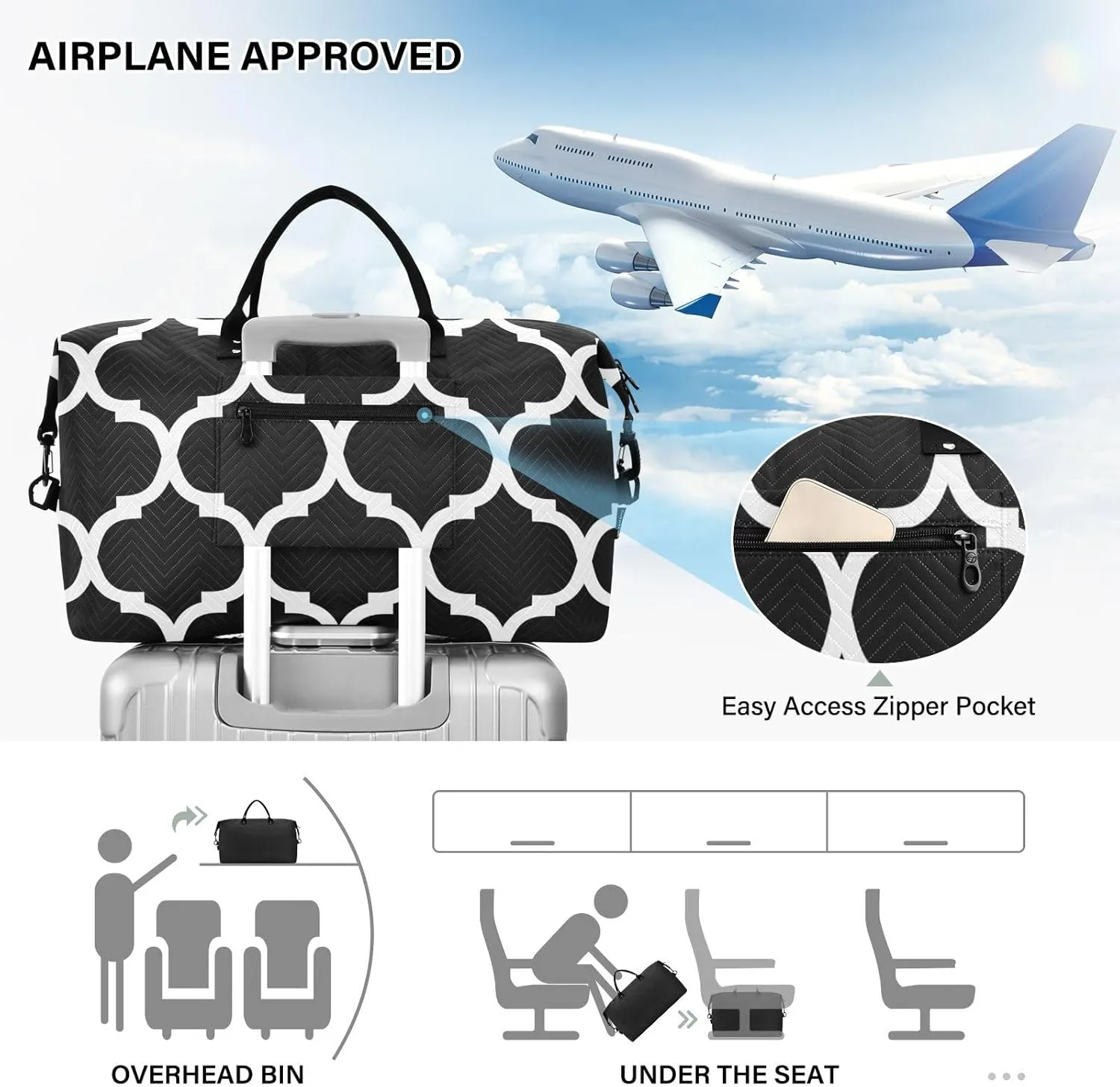 Black Moroccan Sports Gym Bag for Women Men Travel Duffel Bag Weekend Overnight Carry on Bag with Toiletry Bag Hospital Bag for Swimming Yoga Workout Hospital Plane
