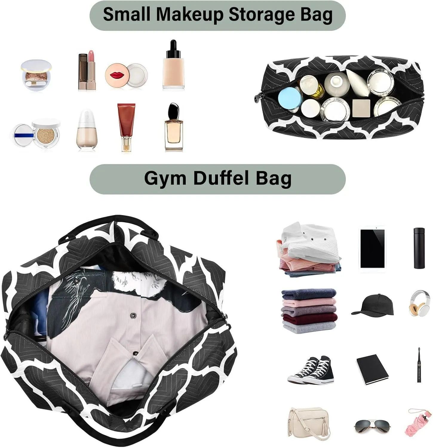 Black Moroccan Sports Gym Bag for Women Men Travel Duffel Bag Weekend Overnight Carry on Bag with Toiletry Bag Hospital Bag for Swimming Yoga Workout Hospital Plane