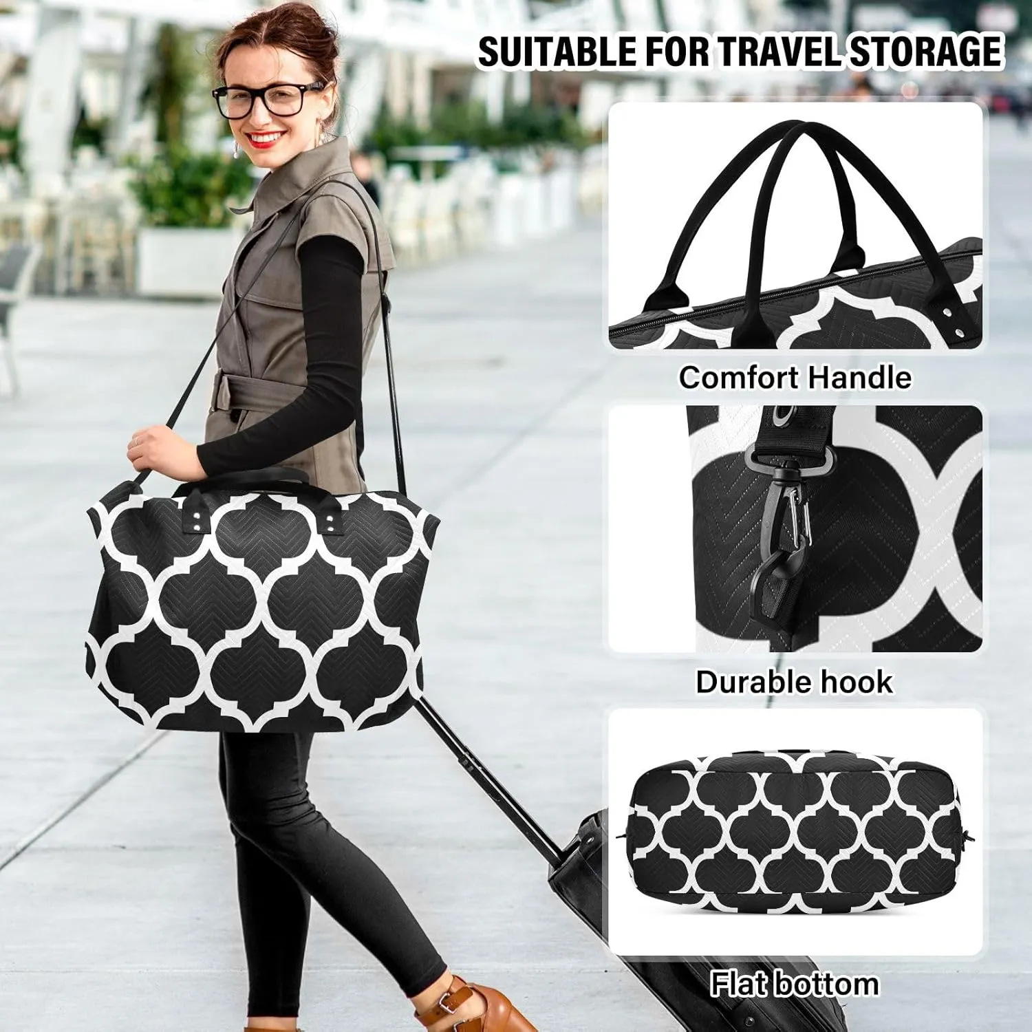 Black Moroccan Sports Gym Bag for Women Men Travel Duffel Bag Weekend Overnight Carry on Bag with Toiletry Bag Hospital Bag for Swimming Yoga Workout Hospital Plane