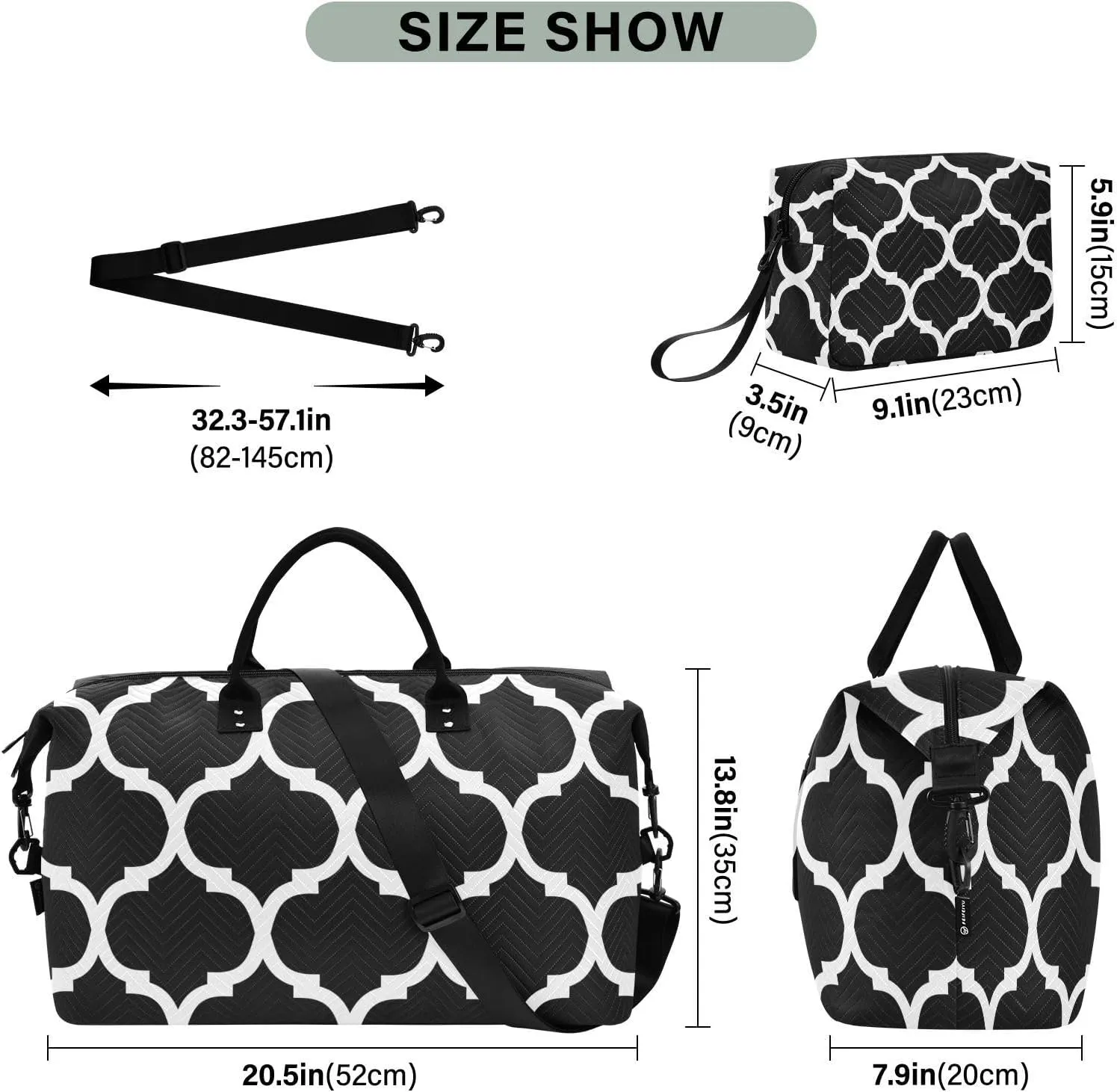 Black Moroccan Sports Gym Bag for Women Men Travel Duffel Bag Weekend Overnight Carry on Bag with Toiletry Bag Hospital Bag for Swimming Yoga Workout Hospital Plane