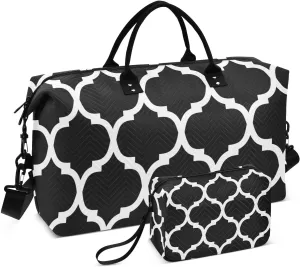 Black Moroccan Sports Gym Bag for Women Men Travel Duffel Bag Weekend Overnight Carry on Bag with Toiletry Bag Hospital Bag for Swimming Yoga Workout Hospital Plane