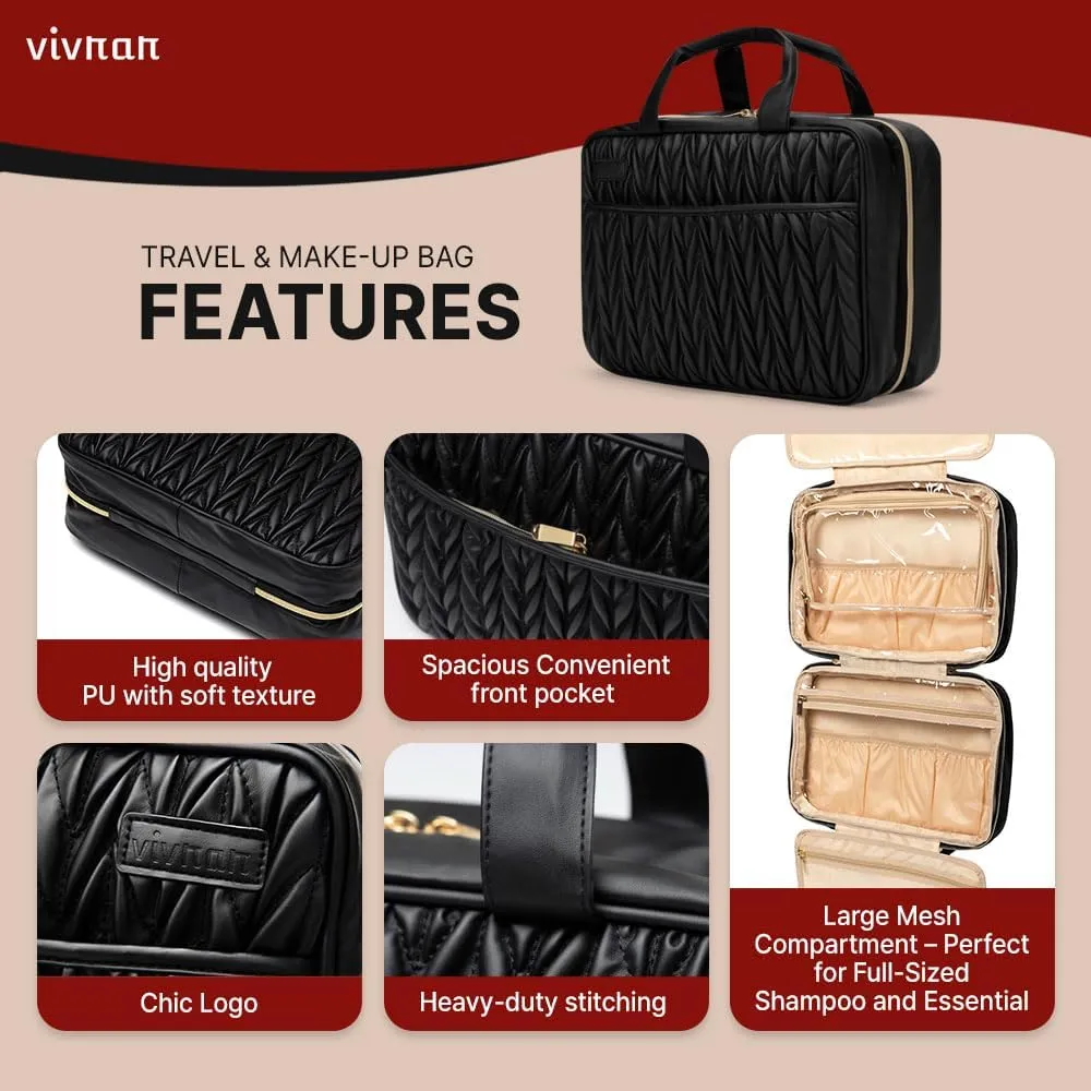 Black Premium Vegan leather Extra Large Toiletry bag with Hanging hook, travel toiletry bag, water-resistant, multiple compartments,versatile uses