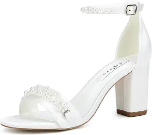 Block Heel Wedding Sandals Pearl Heels Open Toe Wedding Shoes for Bride Ankle Strap Bridal Shoes