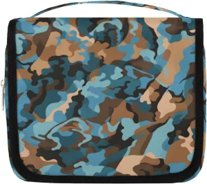Blue Brown Camo Hanging Travel Toiletry Bag Kit Makeup Case Cosmetics Organizer Camouflage Toiletry Bag for Women Make up Accessories Shampoo Body Cream Brushes Set