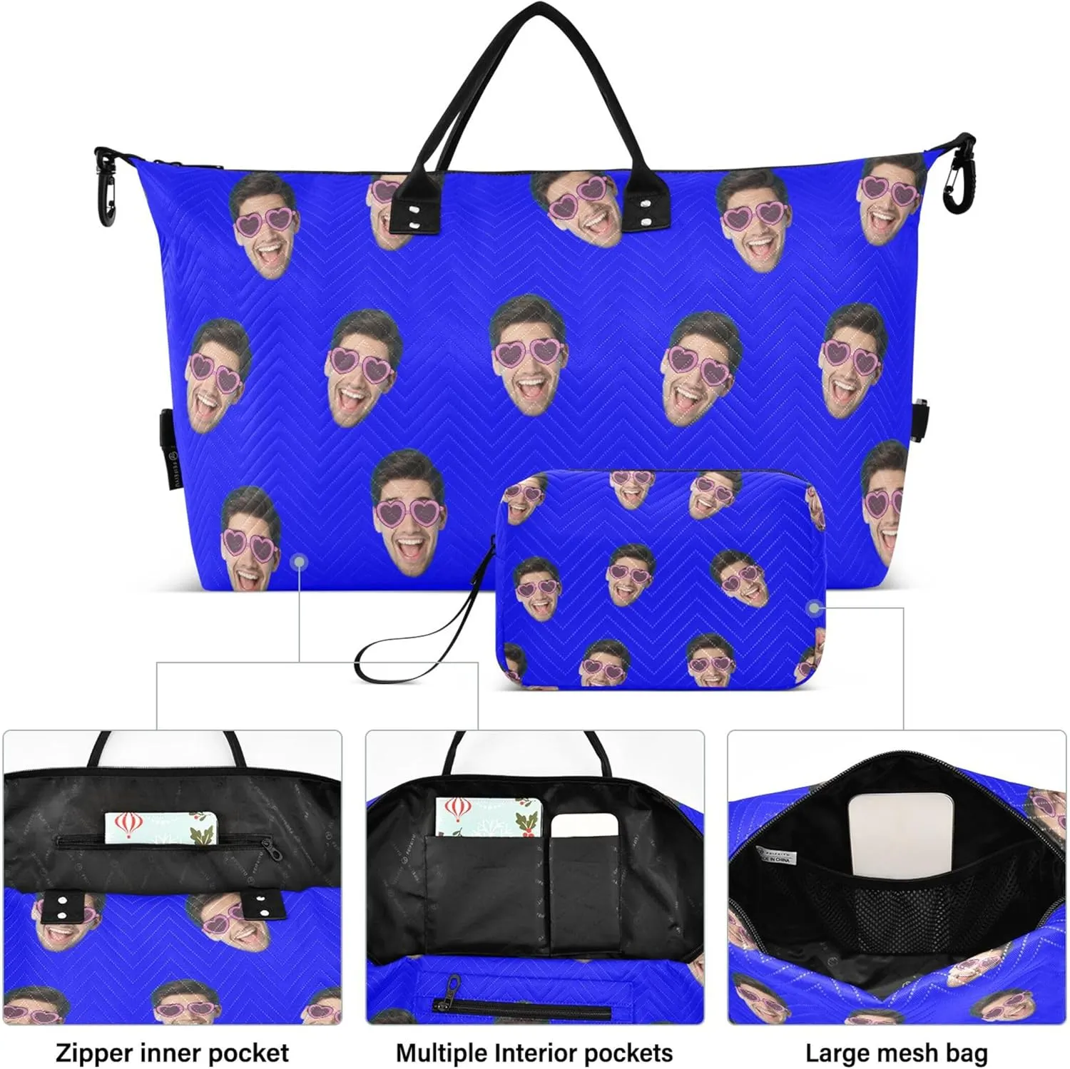 Blue Custom Photo Travel Duffel Bag with Toiletry Bag Personalized Weekender Bag for Travel Sports Trips Large Carry On Overnight Bag for Women & Men