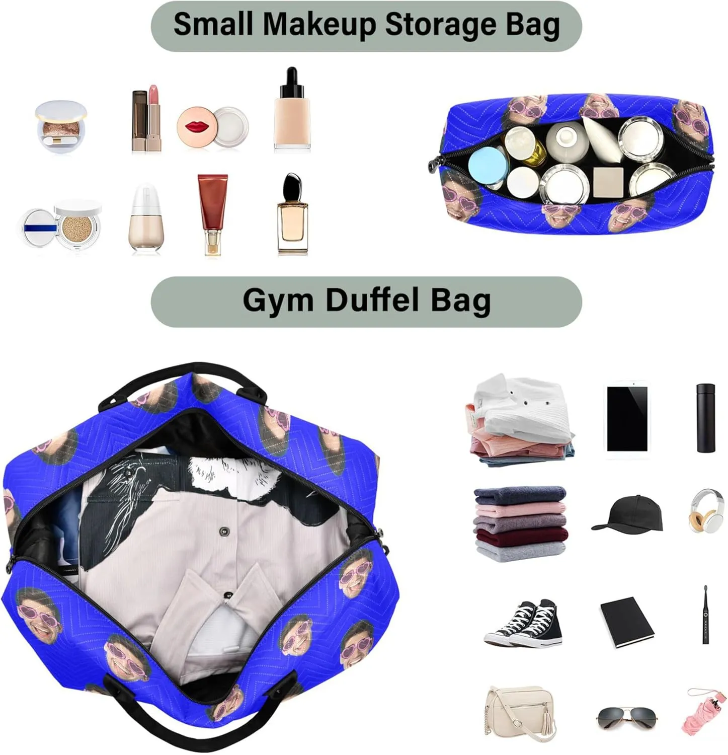 Blue Custom Photo Travel Duffel Bag with Toiletry Bag Personalized Weekender Bag for Travel Sports Trips Large Carry On Overnight Bag for Women & Men