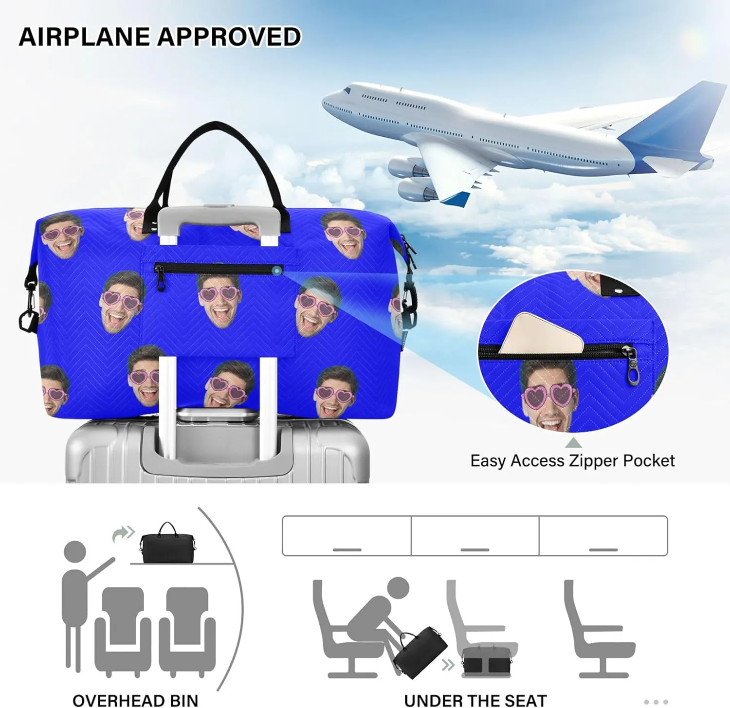 Blue Custom Photo Travel Duffel Bag with Toiletry Bag Personalized Weekender Bag for Travel Sports Trips Large Carry On Overnight Bag for Women & Men