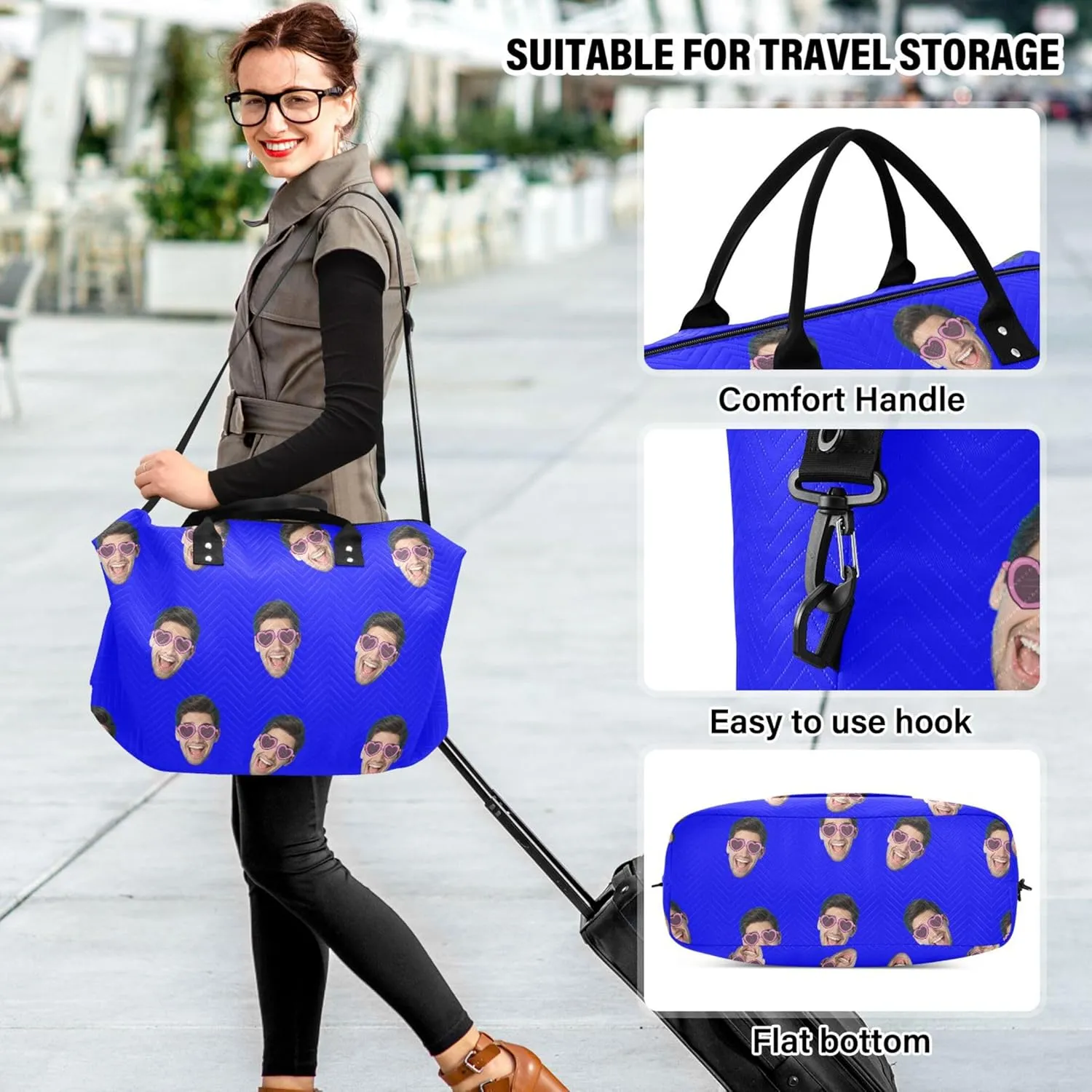 Blue Custom Photo Travel Duffel Bag with Toiletry Bag Personalized Weekender Bag for Travel Sports Trips Large Carry On Overnight Bag for Women & Men