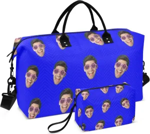 Blue Custom Photo Travel Duffel Bag with Toiletry Bag Personalized Weekender Bag for Travel Sports Trips Large Carry On Overnight Bag for Women & Men