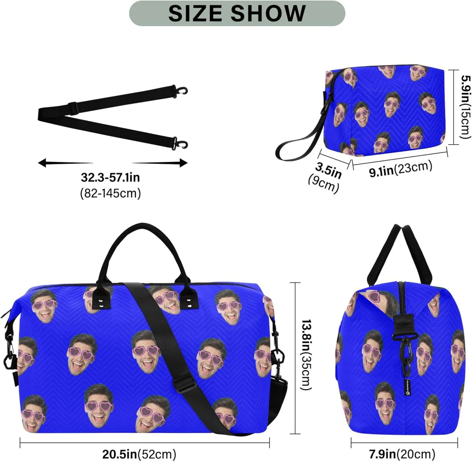 Blue Custom Photo Travel Duffel Bag with Toiletry Bag Personalized Weekender Bag for Travel Sports Trips Large Carry On Overnight Bag for Women & Men