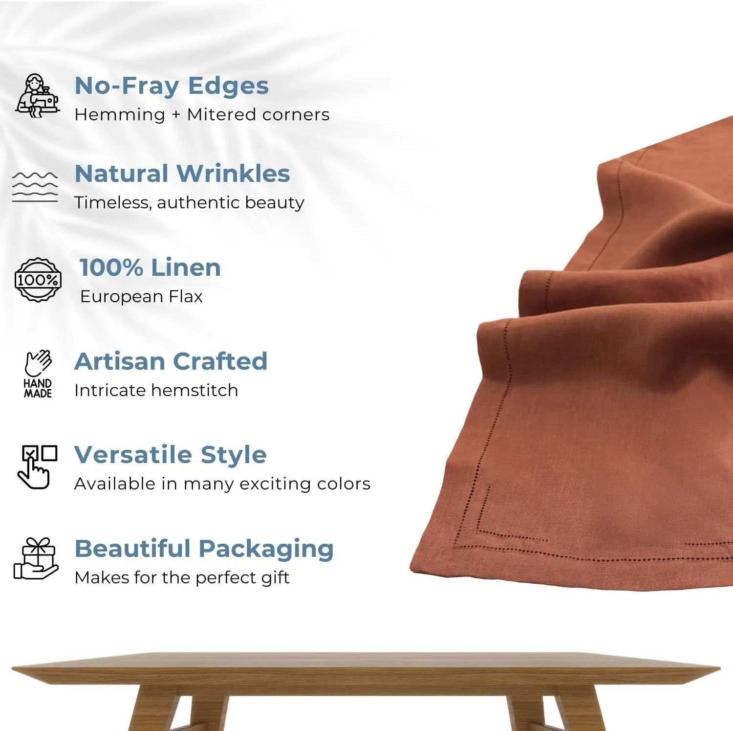 BLUE FLOWER CO Linen Table Runner 14 x 90 Inch 100% Pure Linen Classic Hemstitch Dining Table Runner Solid Double Hemstitch Premium Tablerunner 90 Inches Long for Wedding, Spring, Easter - Rust