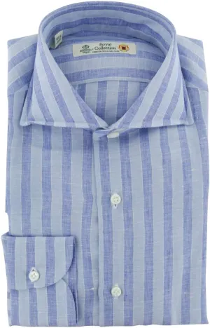 Blue Stripes Button Down Spread Collar Linen Slim Fit Dress Shirt, Size Large 17