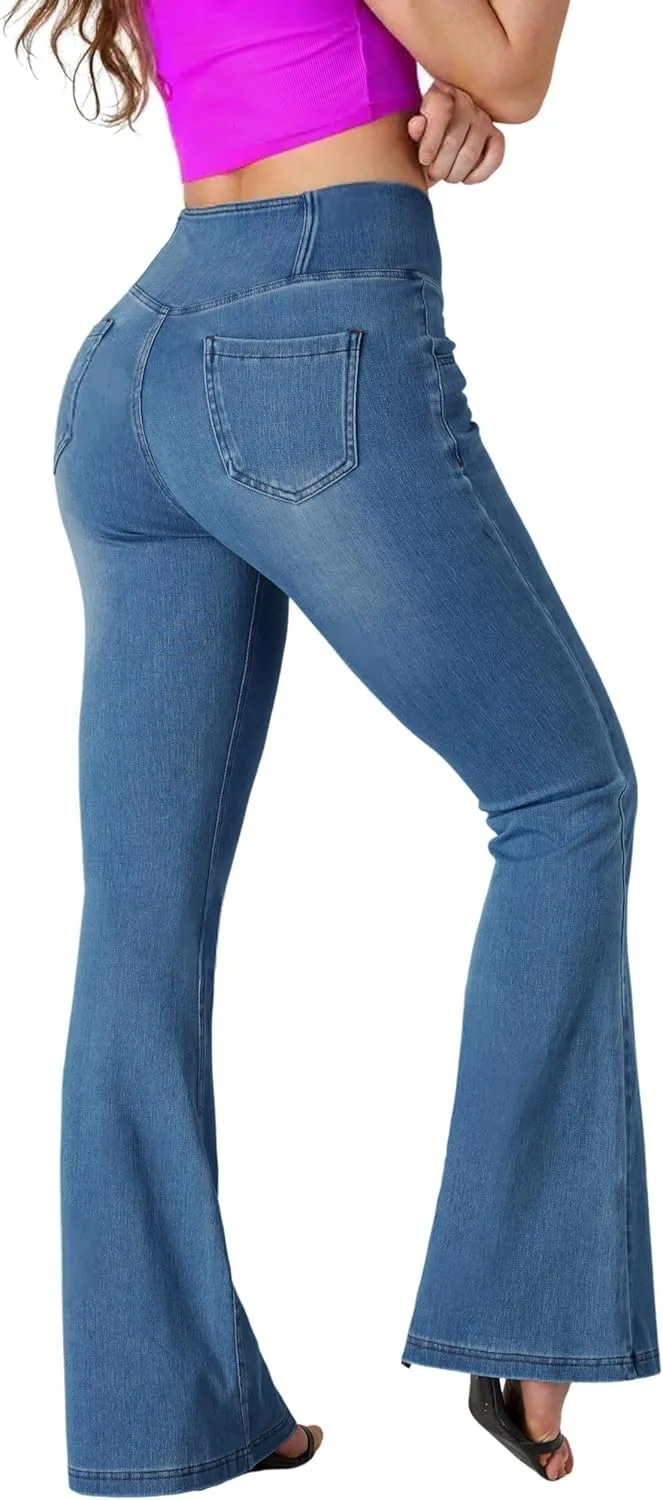 BlueRose Flare Jean Leggings for Women,Bell Bottom Jeans for Women Knit Crossover High Waisted Bootcut Jean