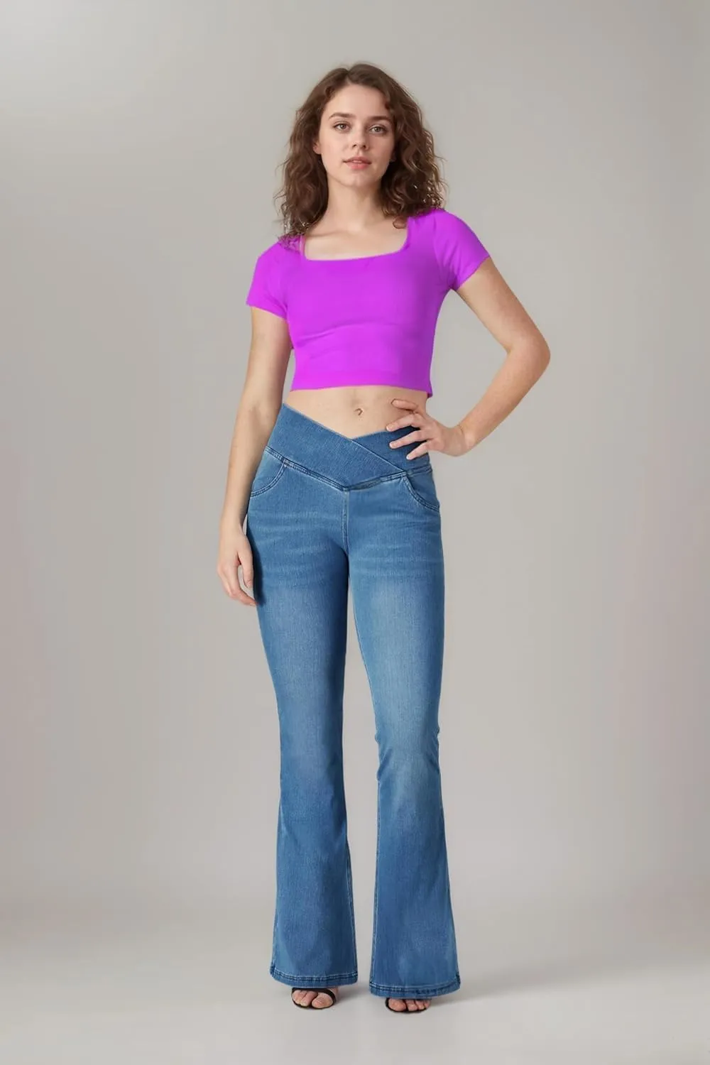 BlueRose Flare Jean Leggings for Women,Bell Bottom Jeans for Women Knit Crossover High Waisted Bootcut Jean
