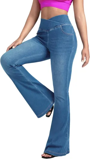 BlueRose Flare Jean Leggings for Women,Bell Bottom Jeans for Women Knit Crossover High Waisted Bootcut Jean