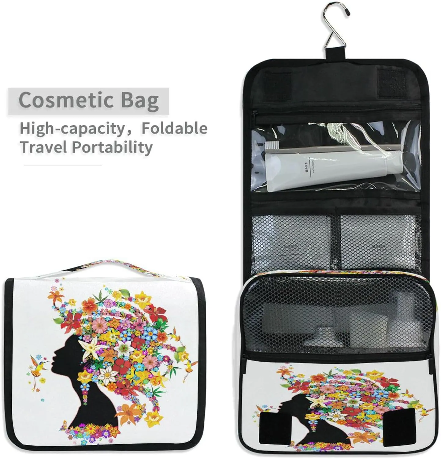 Bolaz Hanging Toiletry Bag Portable Cosmetic Makeup Floral African American Girl Travel Organizer for Men & Women with Sturdy Hook