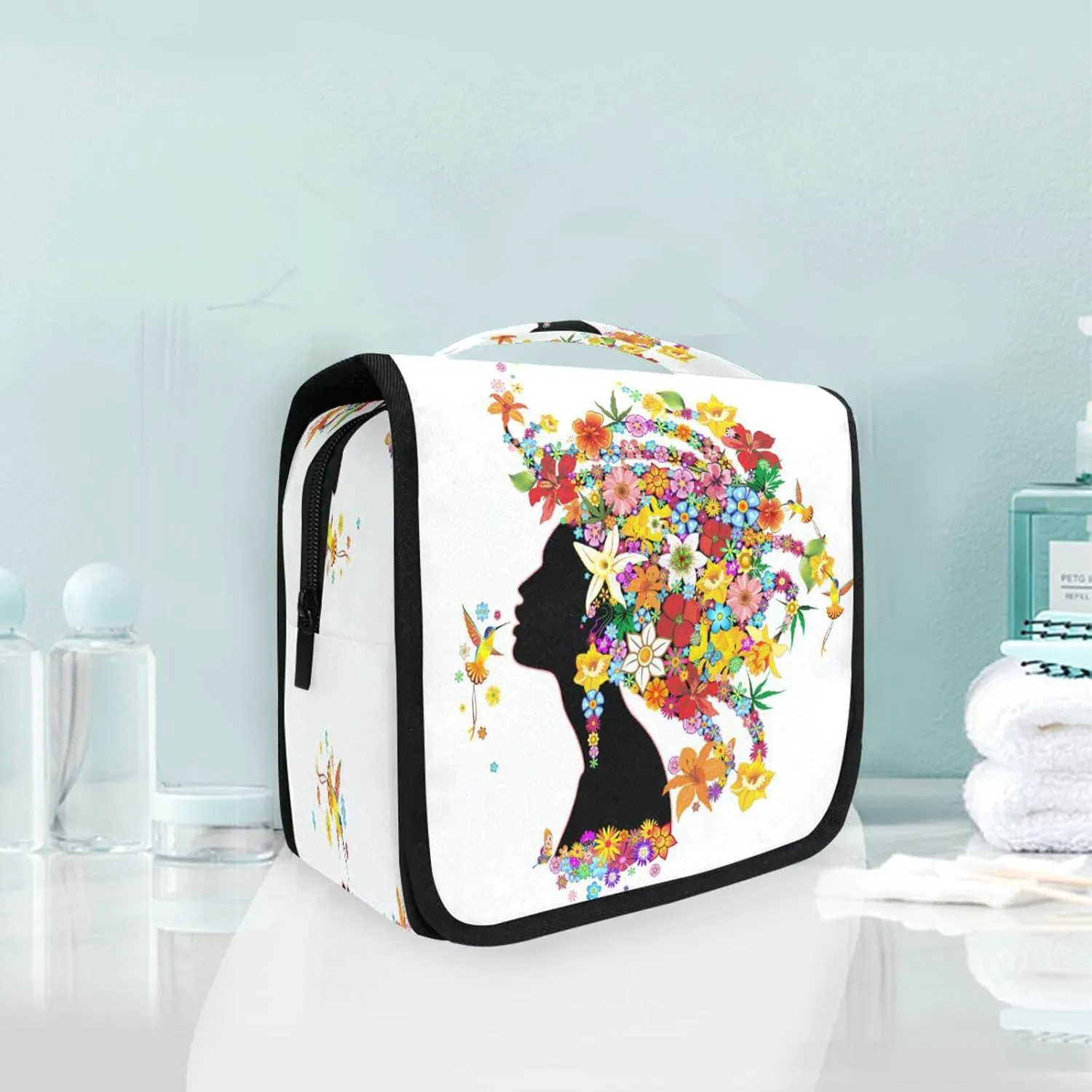 Bolaz Hanging Toiletry Bag Portable Cosmetic Makeup Floral African American Girl Travel Organizer for Men & Women with Sturdy Hook