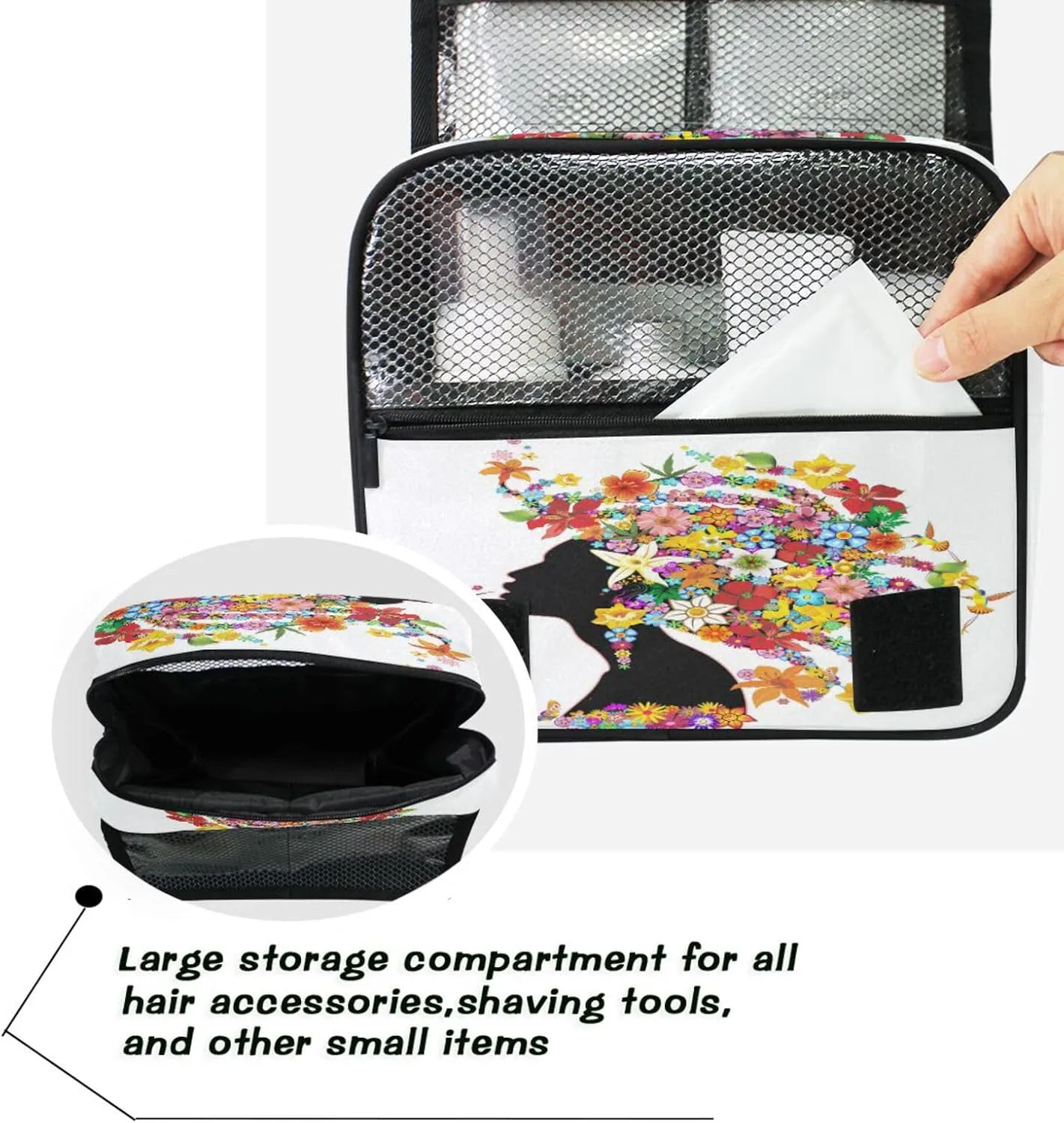 Bolaz Hanging Toiletry Bag Portable Cosmetic Makeup Floral African American Girl Travel Organizer for Men & Women with Sturdy Hook