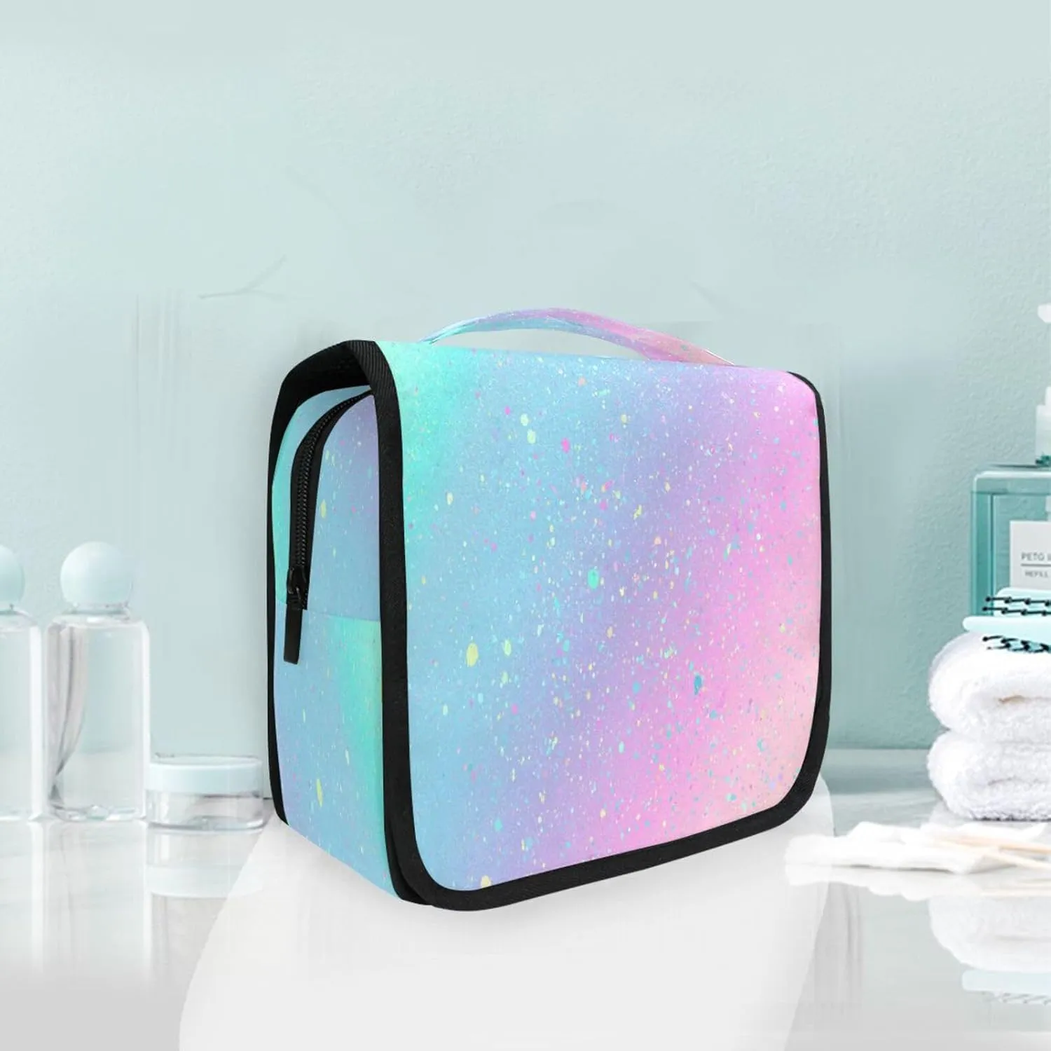 Bolaz Hanging Toiletry Bag Portable Cosmetic Makeup Unicorn Background with Rainbow Travel Organizer for Men & Women with Sturdy Hook