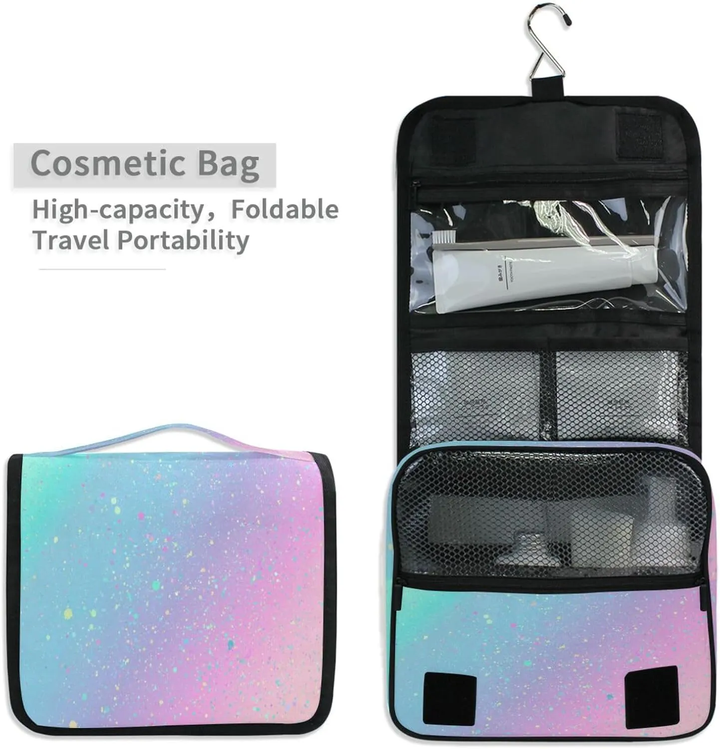 Bolaz Hanging Toiletry Bag Portable Cosmetic Makeup Unicorn Background with Rainbow Travel Organizer for Men & Women with Sturdy Hook