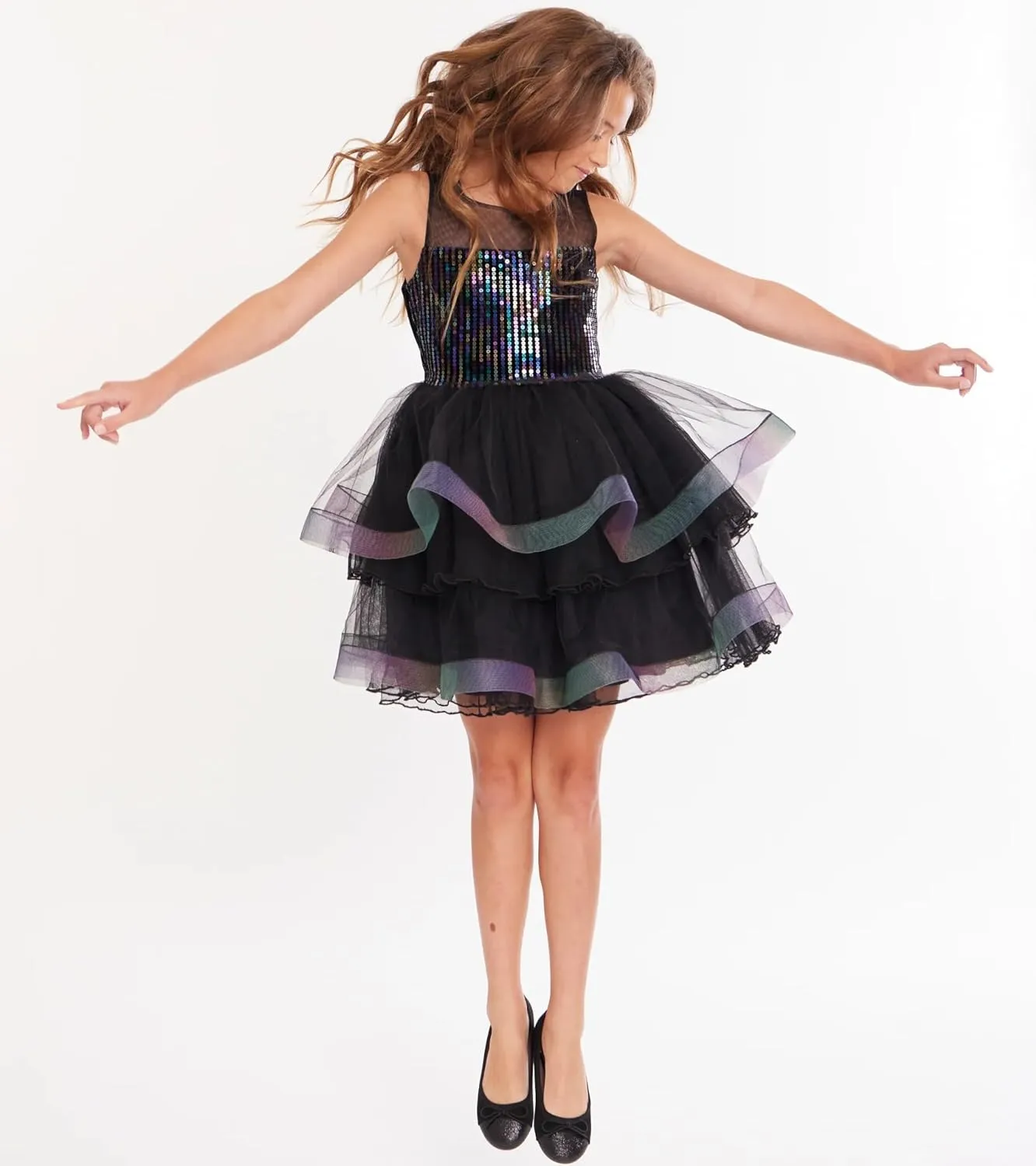 Bonnie Jean Girls 7-16 Black Sequin Velvet Tiered Mesh Party Dress