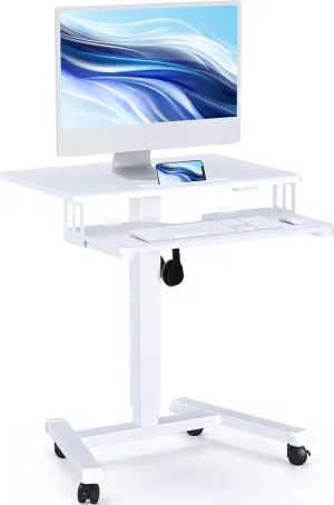 BONTEC Mobile Standing Desk with Keyboard Tray, Mobile Podium, Computer Workstation Up to 33lbs, Laptop Sit or Stand Desk on Wheels, Height Adjustable Stand Up Table for Living Room, Bedroom, White