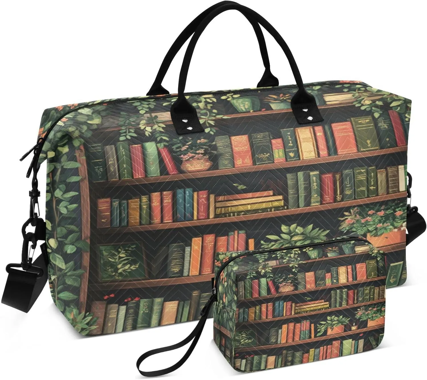 Bookshelf Plant Dark Sports Gym Bag for Women Men Travel Duffel Bag Weekend Overnight Carry on Bag with Toiletry Bag Workout Dance Bag for Swimming Yoga Workout Hospital Plane