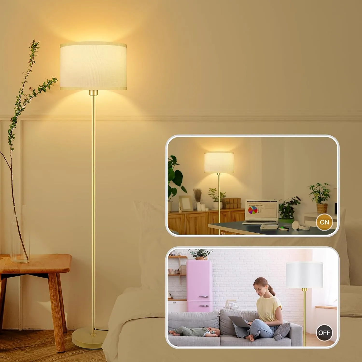 BoostArea Floor Lamp Standing Lamp Gold, 59" Tall Lamps for Living Room, Simple Pole Lamp with White Shade, On/Off Foot Pedal, Bright Dimming Lamp for Kids Room Bedroom Office Decor(E26 Base, NO Bulb)