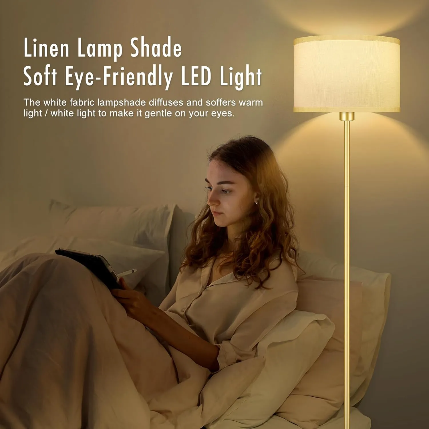 BoostArea Floor Lamp Standing Lamp Gold, 59" Tall Lamps for Living Room, Simple Pole Lamp with White Shade, On/Off Foot Pedal, Bright Dimming Lamp for Kids Room Bedroom Office Decor(E26 Base, NO Bulb)