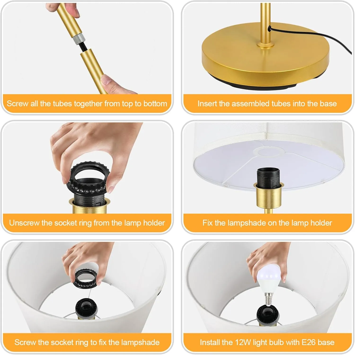 BoostArea Floor Lamp Standing Lamp Gold, 59" Tall Lamps for Living Room, Simple Pole Lamp with White Shade, On/Off Foot Pedal, Bright Dimming Lamp for Kids Room Bedroom Office Decor(E26 Base, NO Bulb)