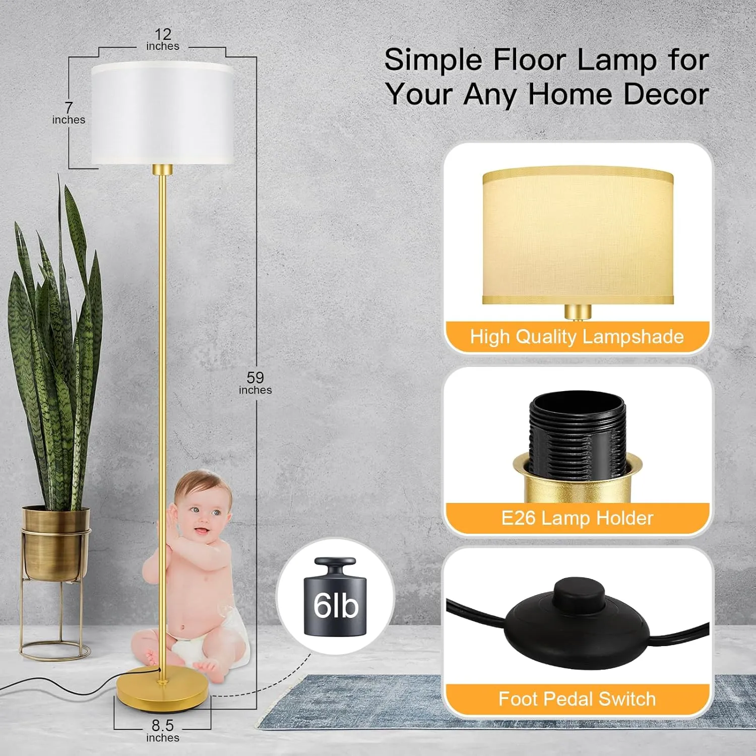 BoostArea Floor Lamp Standing Lamp Gold, 59" Tall Lamps for Living Room, Simple Pole Lamp with White Shade, On/Off Foot Pedal, Bright Dimming Lamp for Kids Room Bedroom Office Decor(E26 Base, NO Bulb)