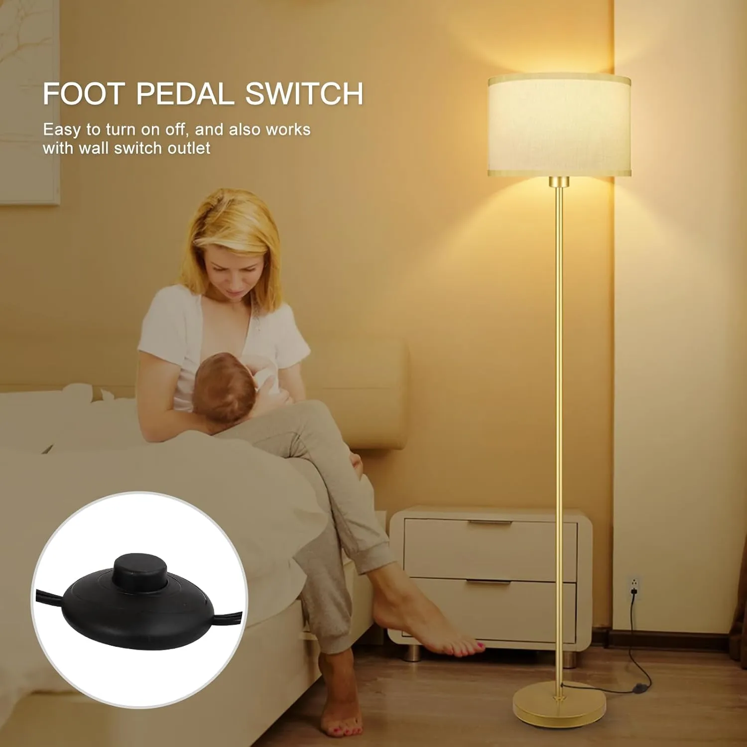 BoostArea Floor Lamp Standing Lamp Gold, 59" Tall Lamps for Living Room, Simple Pole Lamp with White Shade, On/Off Foot Pedal, Bright Dimming Lamp for Kids Room Bedroom Office Decor(E26 Base, NO Bulb)