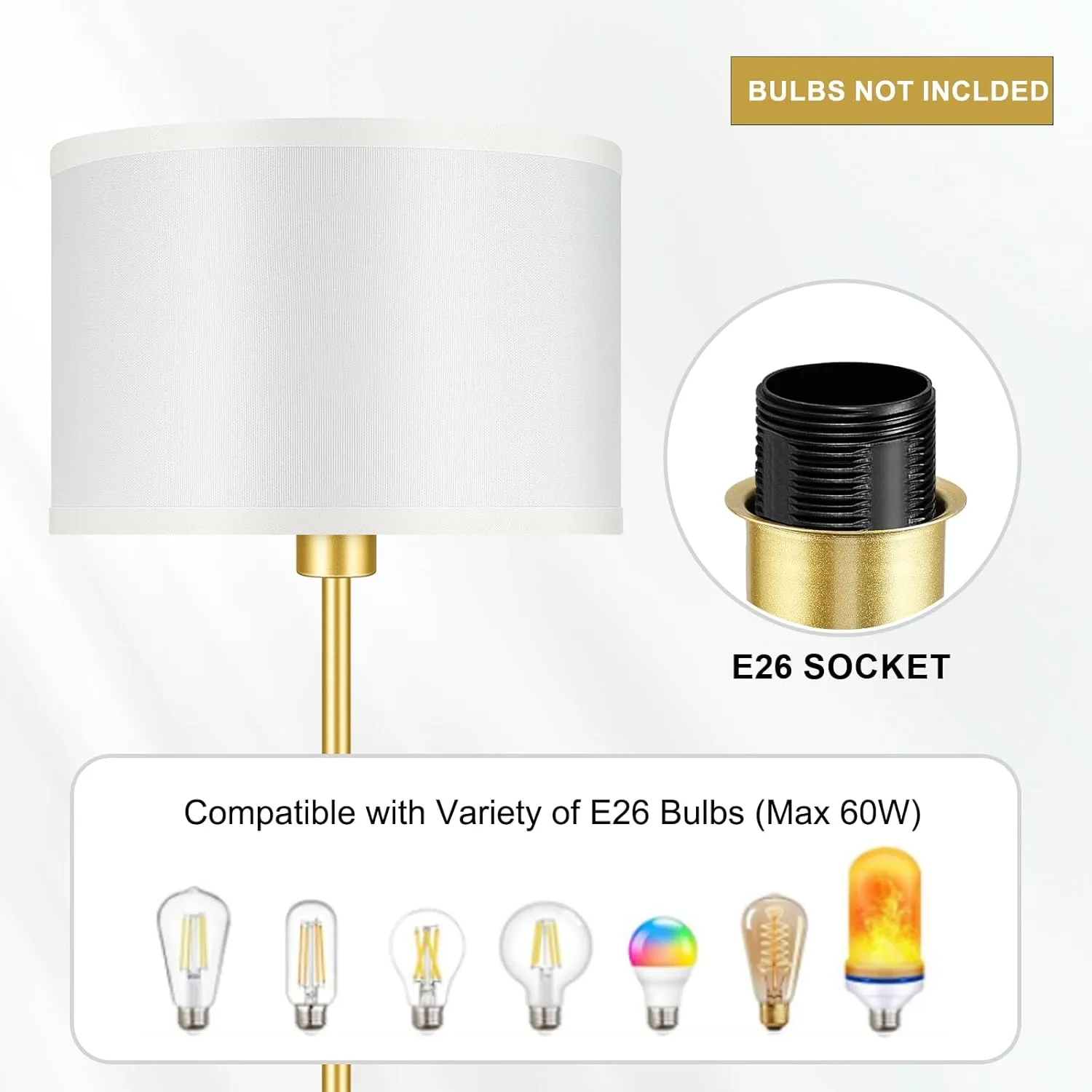 BoostArea Floor Lamp Standing Lamp Gold, 59" Tall Lamps for Living Room, Simple Pole Lamp with White Shade, On/Off Foot Pedal, Bright Dimming Lamp for Kids Room Bedroom Office Decor(E26 Base, NO Bulb)
