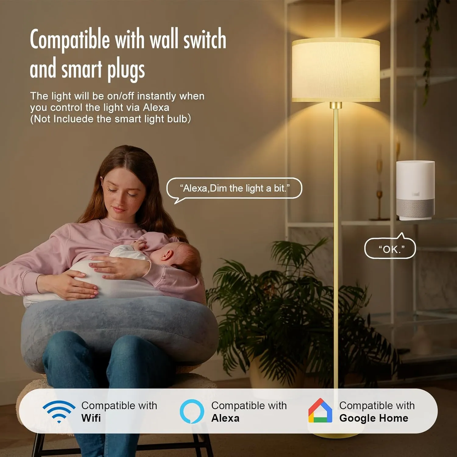 BoostArea Floor Lamp Standing Lamp Gold, 59" Tall Lamps for Living Room, Simple Pole Lamp with White Shade, On/Off Foot Pedal, Bright Dimming Lamp for Kids Room Bedroom Office Decor(E26 Base, NO Bulb)