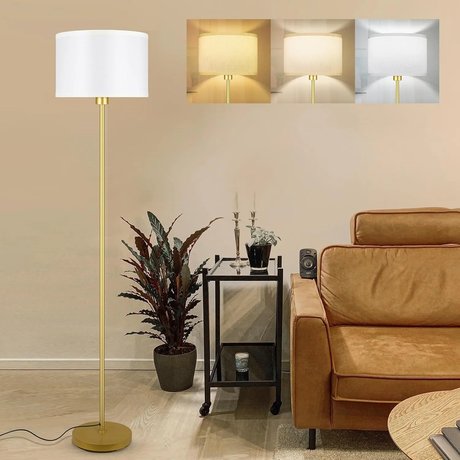 BoostArea Floor Lamp Standing Lamp Gold, 59" Tall Lamps for Living Room, Simple Pole Lamp with White Shade, On/Off Foot Pedal, Bright Dimming Lamp for Kids Room Bedroom Office Decor(E26 Base, NO Bulb)