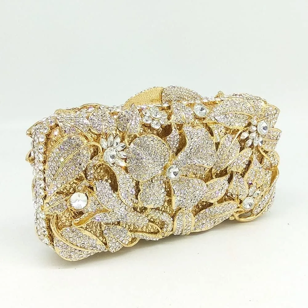 Boutique De FGG Elegant Flower Women Crystal Evening Clutch Bags Wedding Party Bridal Rhinestone Handbag Purse