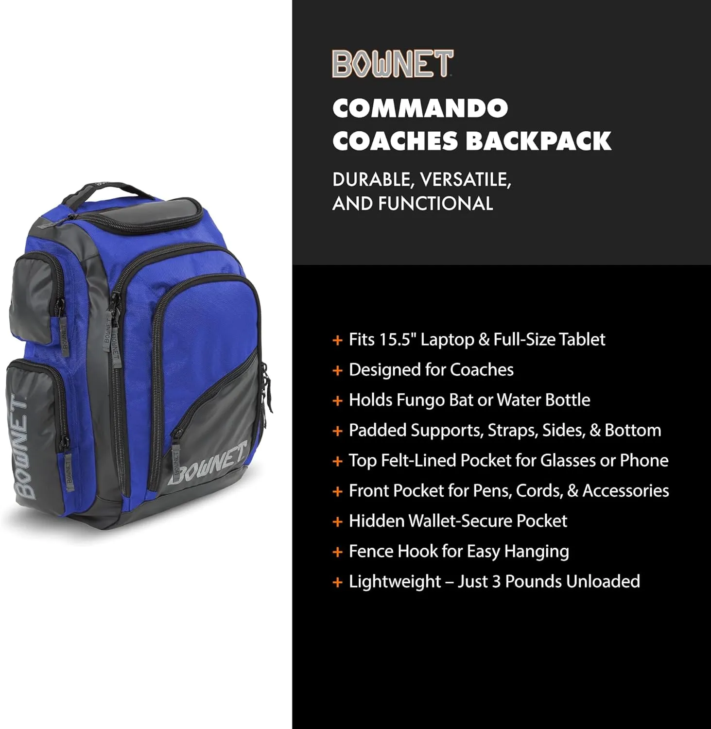 Bownet Commando Coaches Bat Bag – Baseball & Softball Backpack w/Fungo Holder, Laptop Pocket, Gear Storage, Youth & Adult