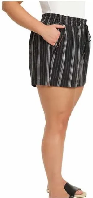 Briggs New York Women's Linen Blend Pull-On Shorts with Pockets and Drawstring (Black Stripes, X-Small)