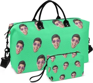 Bright Green Custom Photo Travel Duffel Bag with Toiletry Bag Personalized Weekender Bag for Travel Business Sports Large Gym Carry On Bag for Women & Men