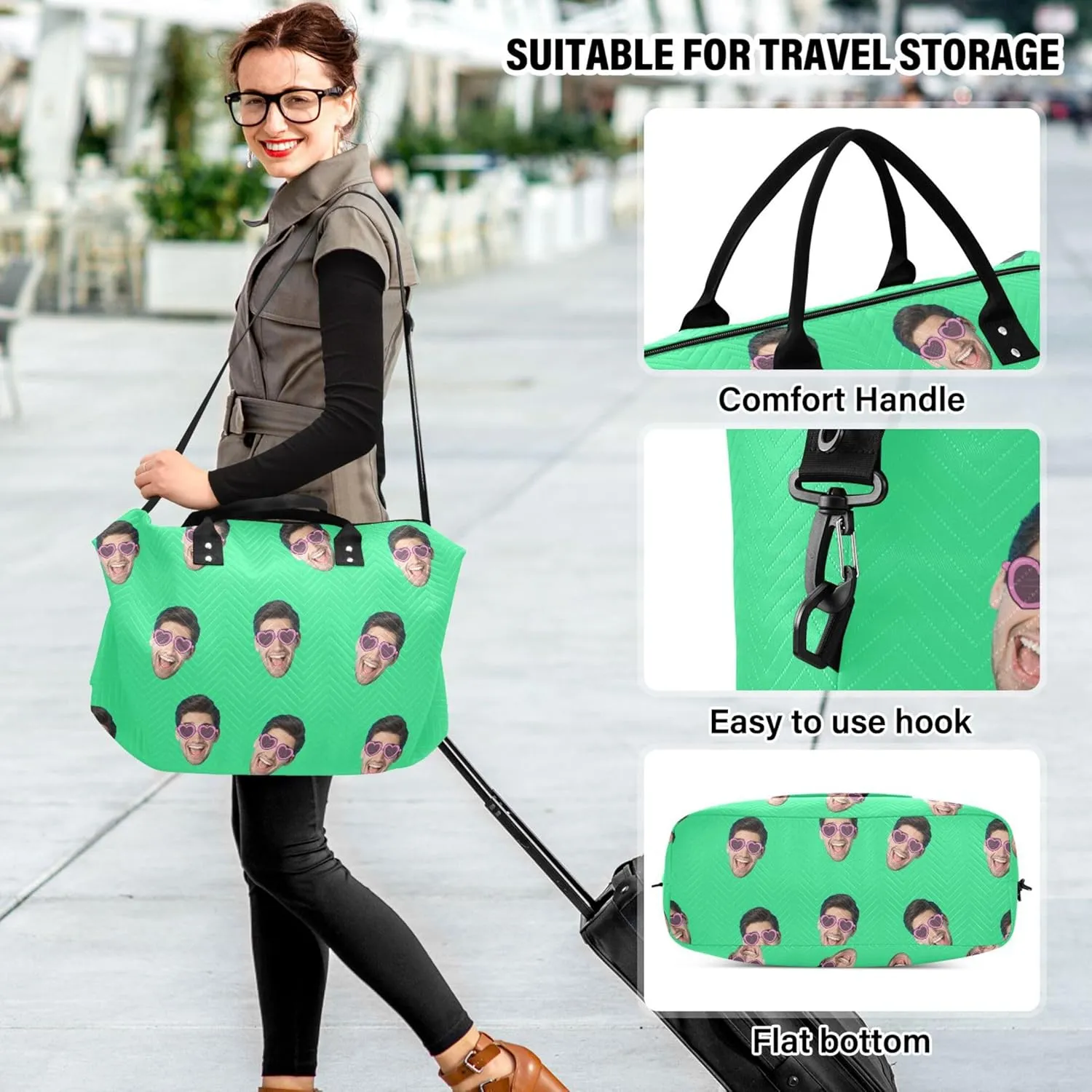 Bright Green Custom Photo Travel Duffel Bag with Toiletry Bag Personalized Weekender Bag for Travel Business Sports Large Gym Carry On Bag for Women & Men