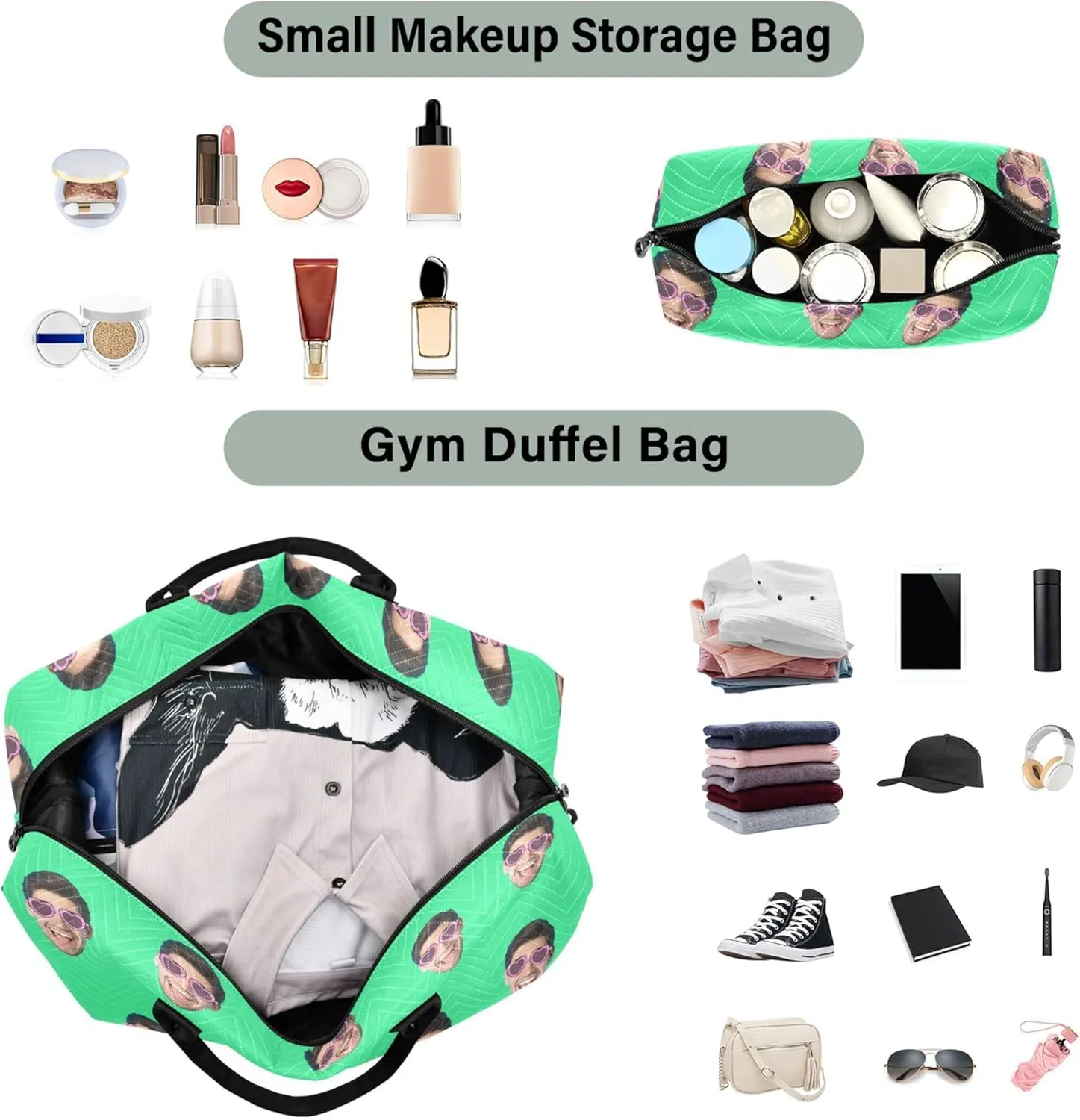 Bright Green Custom Photo Travel Duffel Bag with Toiletry Bag Personalized Weekender Bag for Travel Business Sports Large Gym Carry On Bag for Women & Men